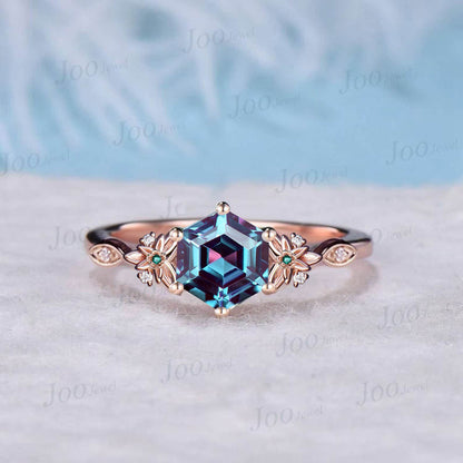 Vintage Kite Alexandrite Engagement Ring Rose Gold Leaf Flower Emerald Ring for Women Unique Cluster Diamond Art Deco Bridal Wedding Ring