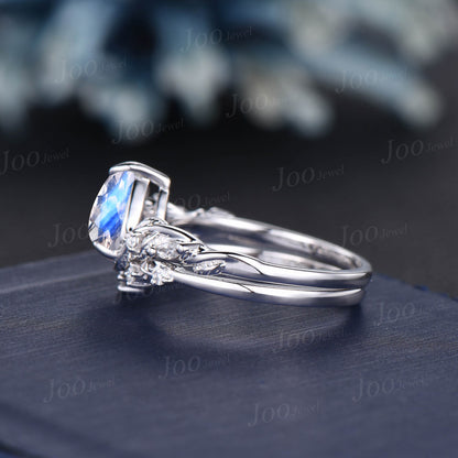 1.25ct Twig Vine Nature Inspired Pear Natural Moonstone Diamond Engagement Ring Set 14K White Gold Moonstone Wedding Bridal Set Promise Gift