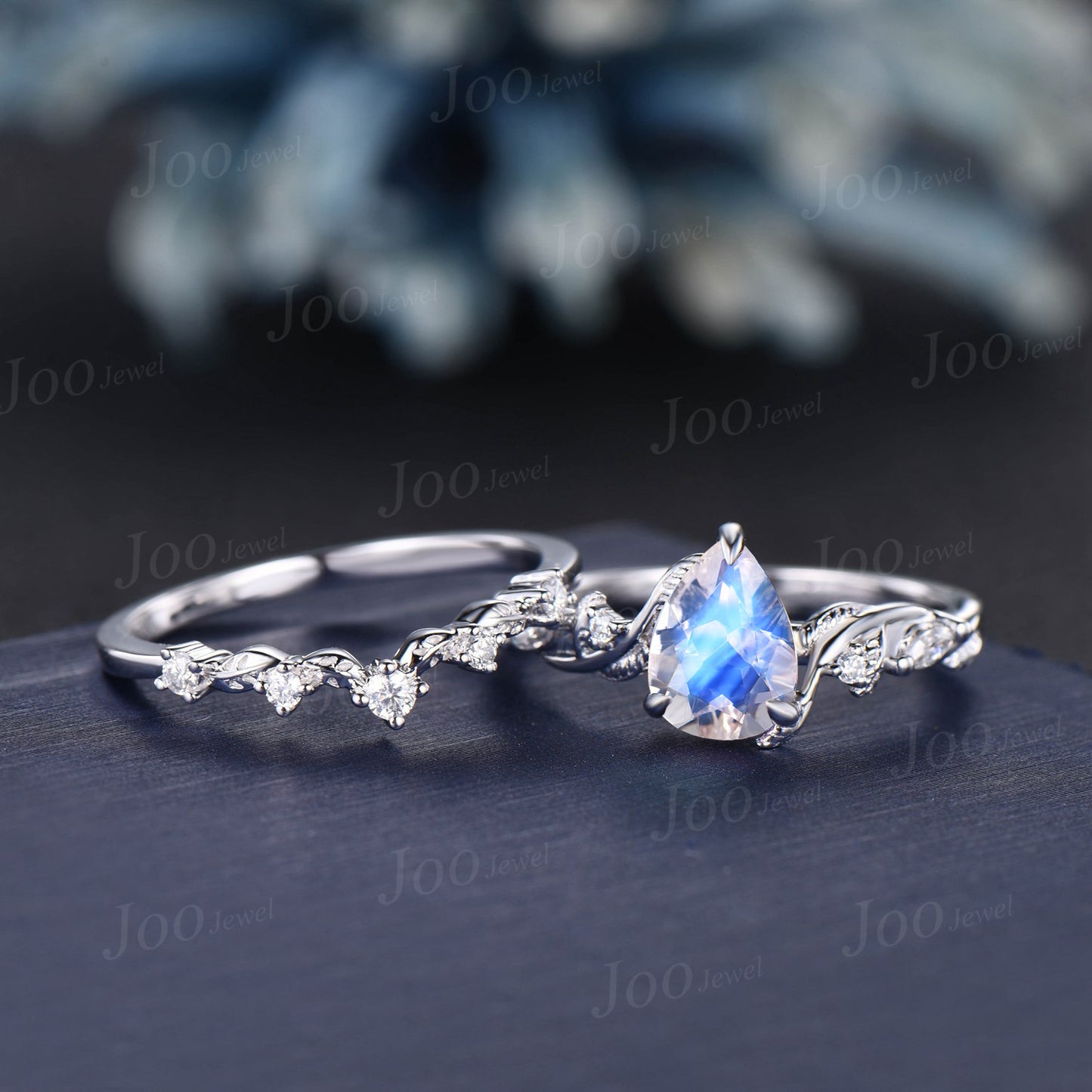 1.25ct Twig Vine Nature Inspired Pear Natural Moonstone Diamond Engagement Ring Set 14K White Gold Moonstone Wedding Bridal Set Promise Gift