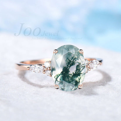 3ct Natural Moss Agate Engagement Ring 14K Rose Gold Cluster Moissanite Ring Oval Green Wedding Ring Unique Anniversary Gifts for Women Wife