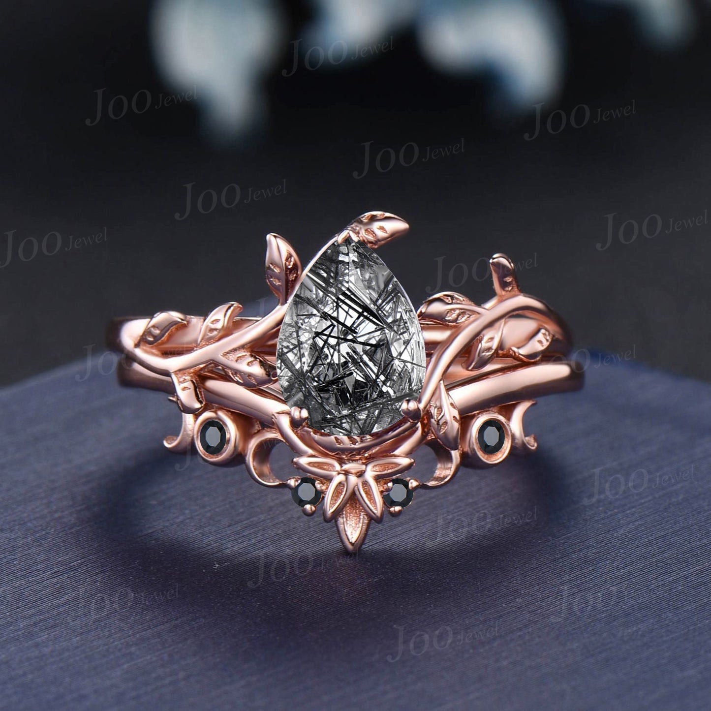 Natural Black Rutilated Quartz Ring Unique Pear Engagement Ring Set Rose Gold Vintage Nature Inspired Celtic Moon Black Diamond Wedding Ring