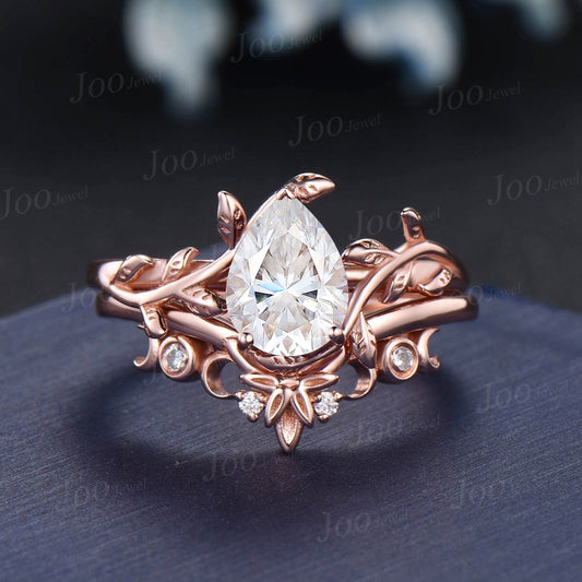 1.25ct Pear Forever One Moissanite Engagement Ring Set 10K Rose Gold Moissanite Wedding Band Twig Vine FO Moissanite Bridal Sets Anniversary Gifts