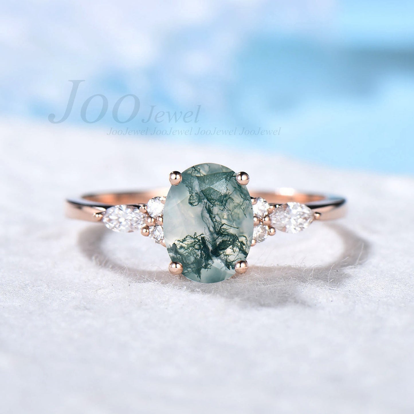 3ct Natural Moss Agate Engagement Ring 14K Rose Gold Cluster Moissanite Ring Oval Green Wedding Ring Unique Anniversary Gifts for Women Wife