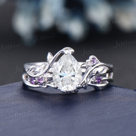 1.25ct Nature Inspired Moissanite Ring Set Pear Shaped Moissanite Promise Ring Leaf Vine Ring Set Twig Amethyst Ring Unique Anniversary Gift