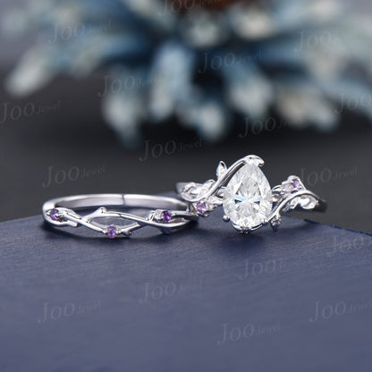 1.25ct Nature Inspired Moissanite Ring Set Pear Shaped Moissanite Promise Ring Leaf Vine Ring Set Twig Amethyst Ring Unique Anniversary Gift