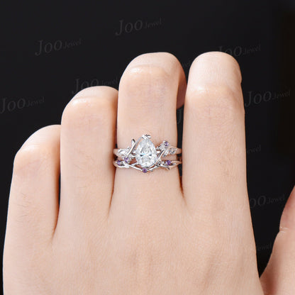 Pear Cut Diamond Engagement Ring Set 1.25 CTW Lab Grown Diamond IGI Certificate Wedding Ring for Women Nature Inspired Amethyst Diamond Ring