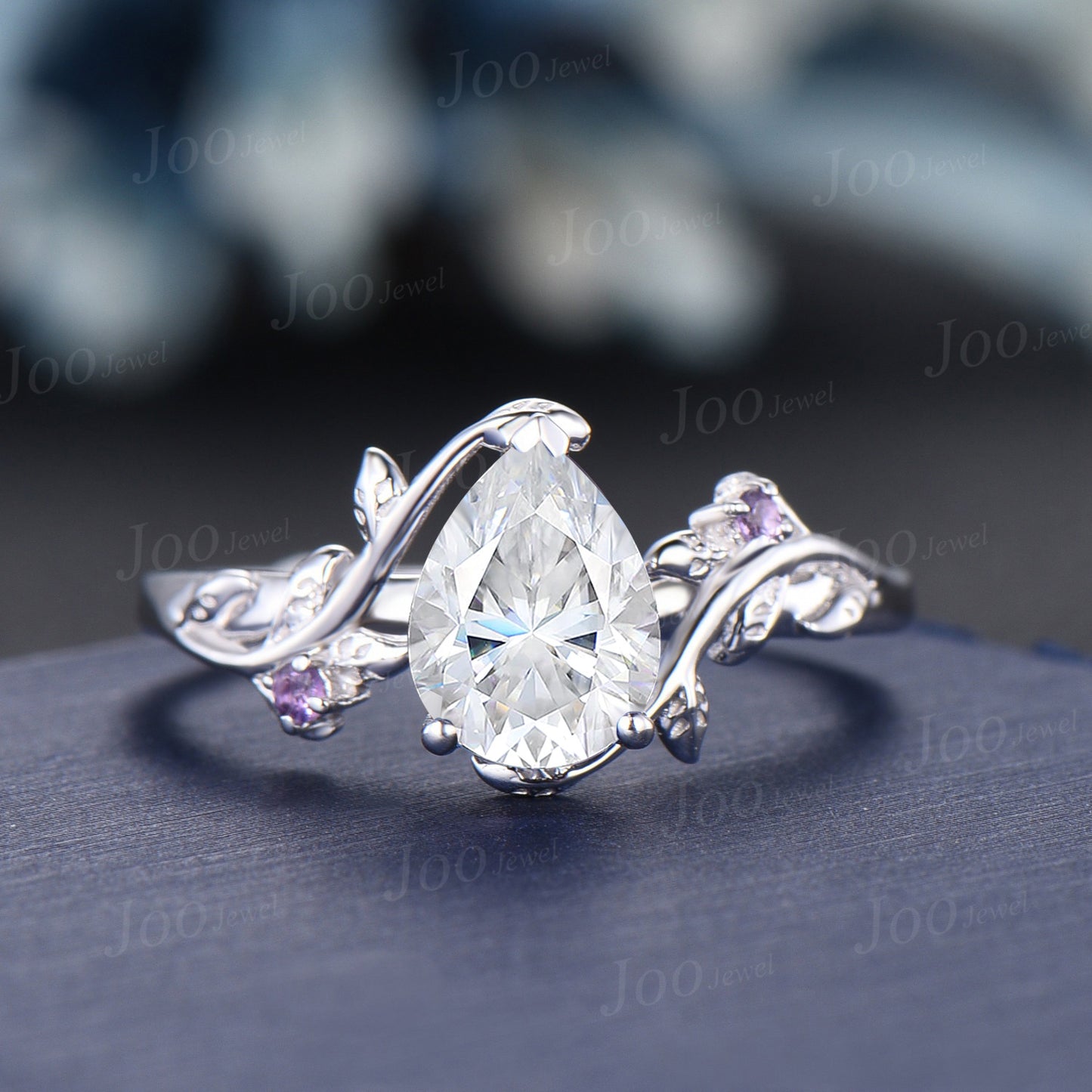 1.25ct Nature Inspired Moissanite Ring Set Pear Shaped Moissanite Promise Ring Leaf Vine Ring Set Twig Amethyst Ring Unique Anniversary Gift