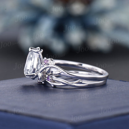 1.25ct Nature Inspired Moissanite Ring Set Pear Shaped Moissanite Promise Ring Leaf Vine Ring Set Twig Amethyst Ring Unique Anniversary Gift