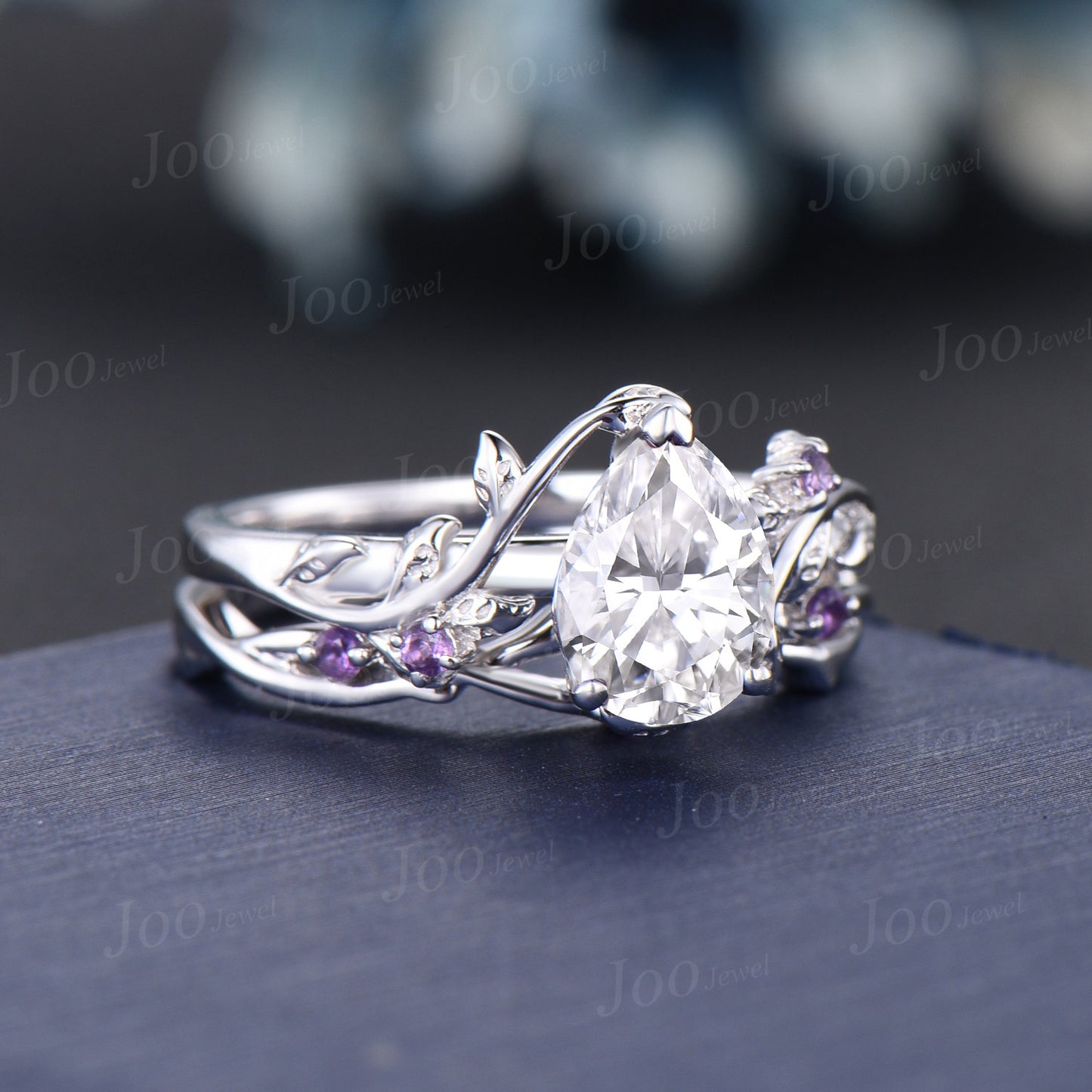 1.25ct Nature Inspired Moissanite Ring Set Pear Shaped Moissanite Promise Ring Leaf Vine Ring Set Twig Amethyst Ring Unique Anniversary Gift