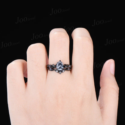 1.25ct Vintage Pear Cut Gray Moissanite Engagement Ring Black Gold Alexandrite Bridal Set Unique Gothic Black Wedding Ring For Women Gifts