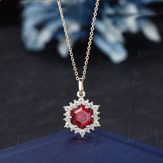 Hexagon Cut Ruby Necklace Halo Moissanite Pendant Vintage Red Gemstone Jewelry Unique July Birthstone Birthday/Christmas Gifts for Women