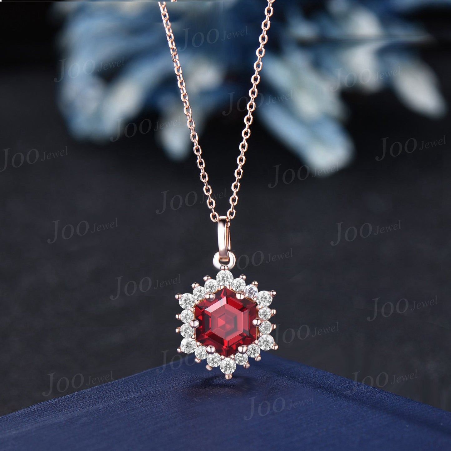 Hexagon Cut Ruby Necklace Halo Moissanite Pendant Vintage Red Gemstone Jewelry Unique July Birthstone Birthday/Christmas Gifts for Women