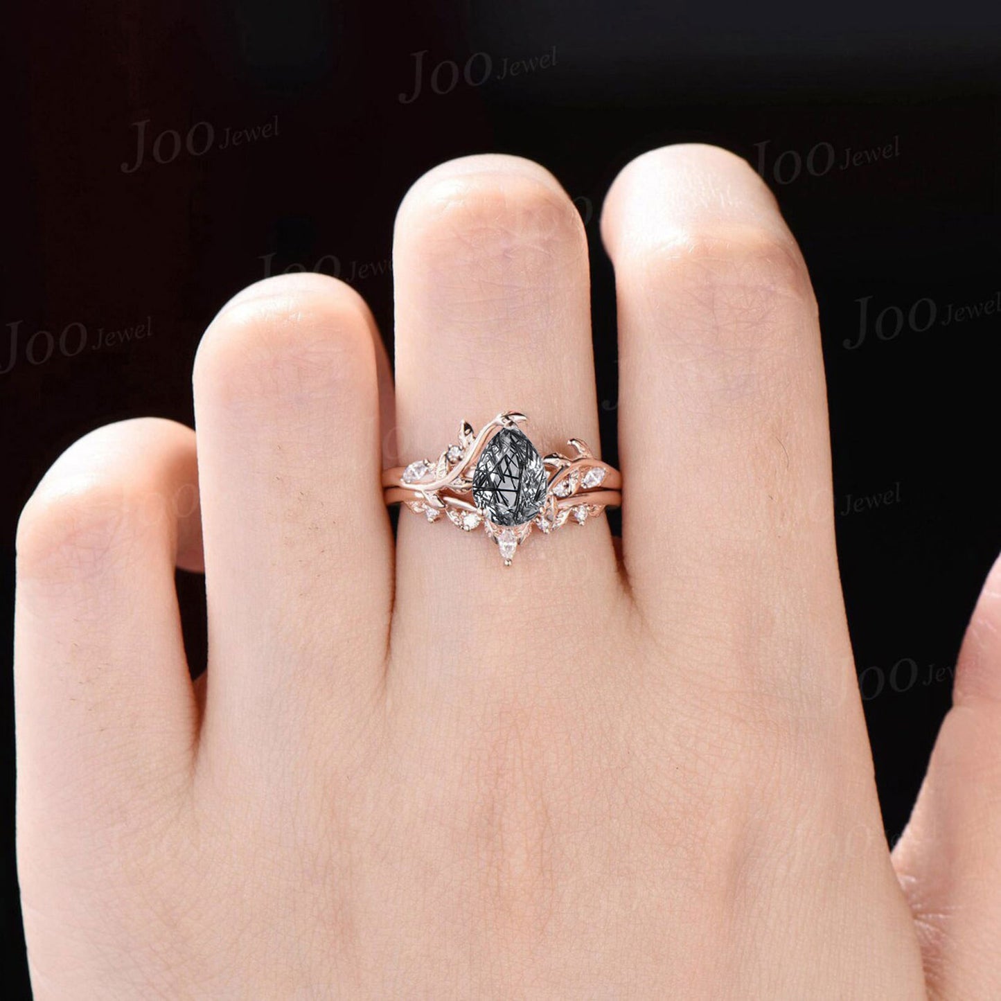 Antique Natural Black Rutilated Quartz Pear Engagement Ring Leaf Nature Inspired Black Spinel Diamond Ring Women Art Deco Black Promise Ring