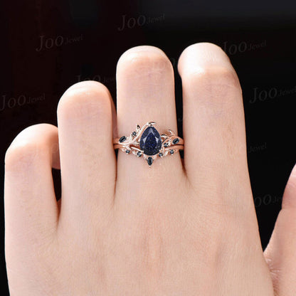 1.25ct Pear Cut Galaxy Starry Sky Blue Sandstone Engagement Ring Set 14K Rose Gold Leaf Branch Nature Inspired Black Wedding Ring for Women