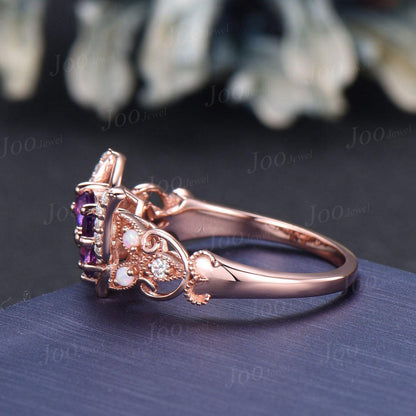 Unique Amethyst Opal Butterfly Engagement Ring 14K Solid Rose Gold Filigree Hollow Crafts Vintage Fantasy Bridal Set Butterfly Wedding rings