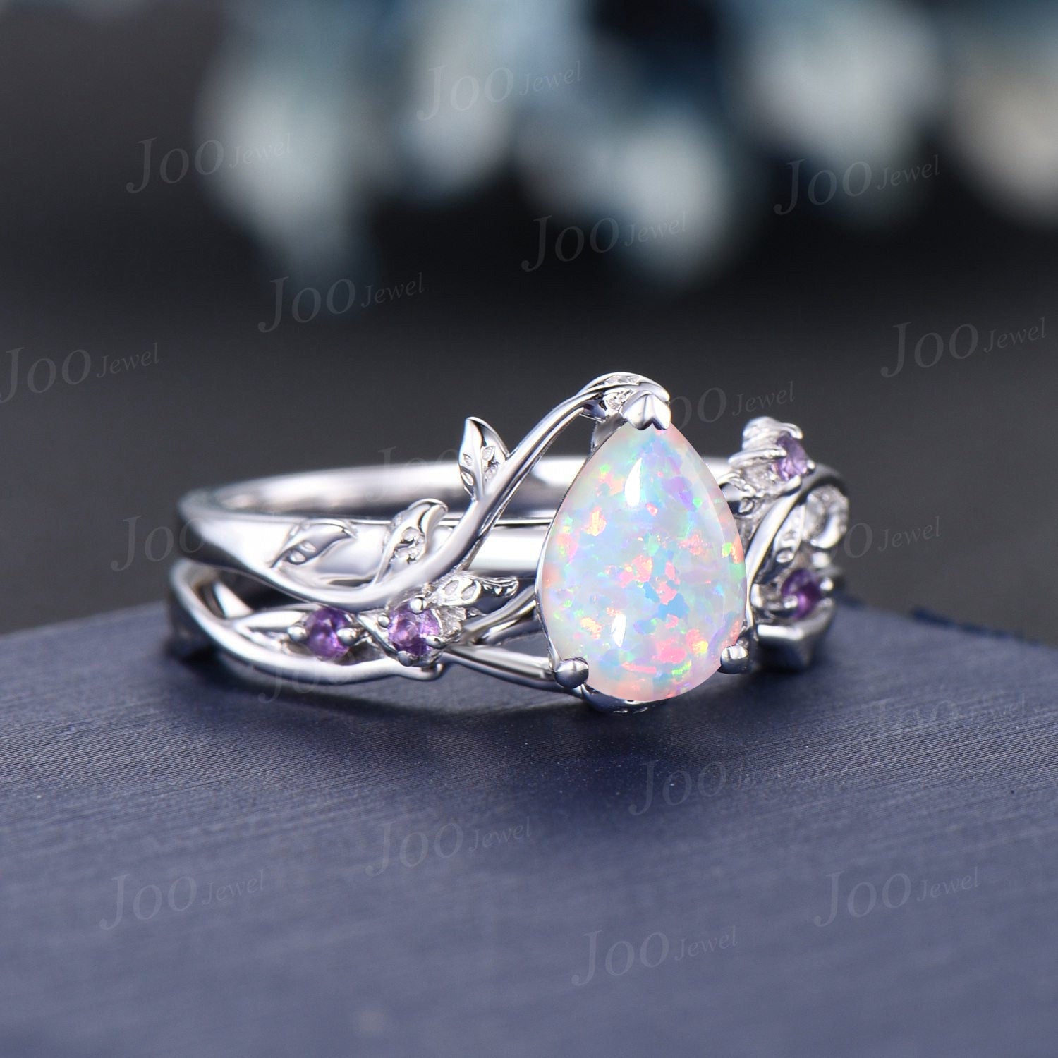 Nature Inspired White Opal Engagement Ring Set Vintage 1.25ct Pear Shaped Unique Branch Design Lab Opal Ring sold Leaf Amethyst Wedding Ring Set