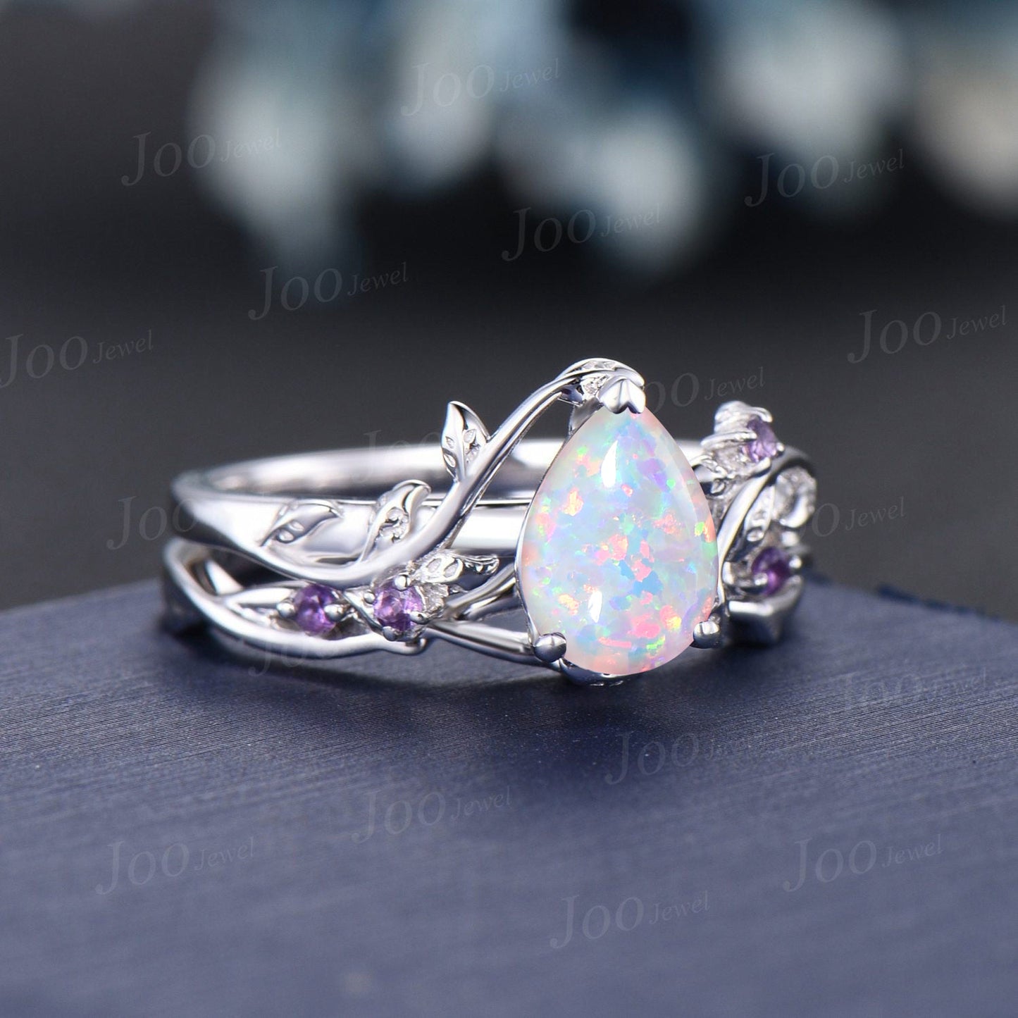 1.25ct Twig Vine White Opal Bridal Set Unique Sterling Silver Pear Shaped Fire Opal Amethyst Nature Wedding Ring Leaf Branch Promise Rings