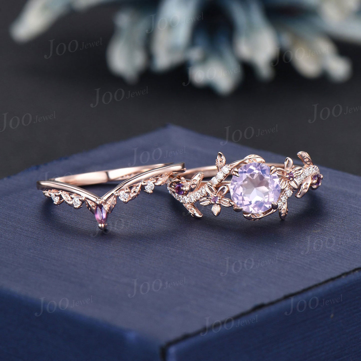 Natural Lavender Amethyst Diamond Ring Set 14K Rose Gold Nature Inspired Branch Floral Leaf Purple Crystal Amethyst Bridal Wedding Ring Set