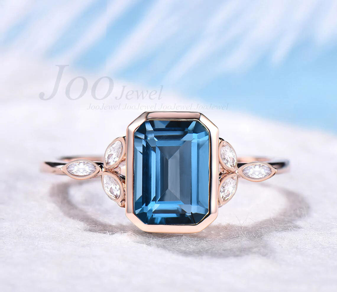 Bezel Set Engagement Ring 14K Rose Gold Emerald Cut Natural London Blue Topaz Ring December Birthstone Gifts Unique Flower Proposal Rings