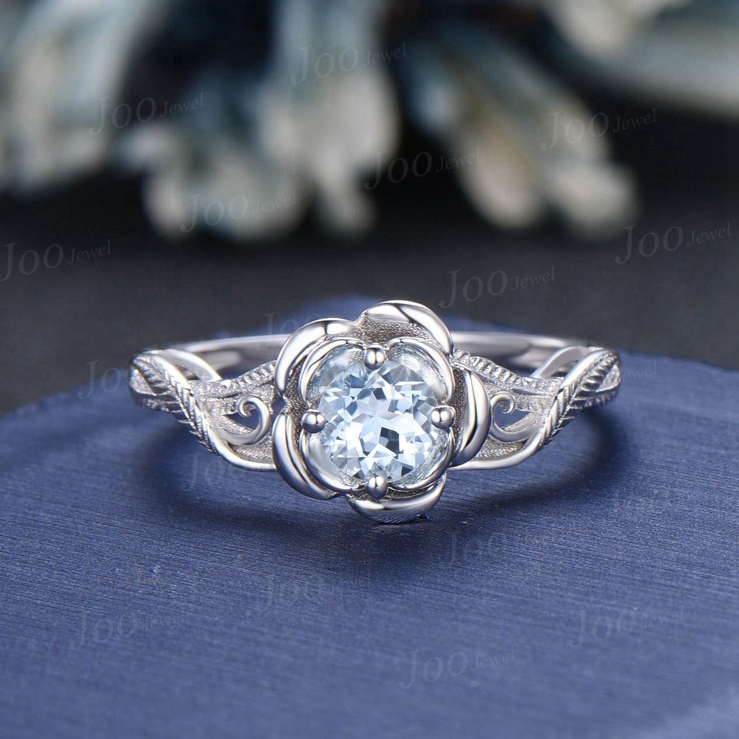 Round Natural Aquamarine Rose Engagement Ring Art Deco 14K White Gold Peacock Feather Wedding Ring Vintage Crossover Promise Solitaire Ring