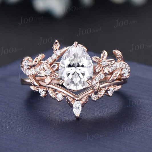 1.25ctw Pear Cut Lab Grown Diamond Wedding Ring 14K Rose Gold Leaf Vine Floral Bridal Ring