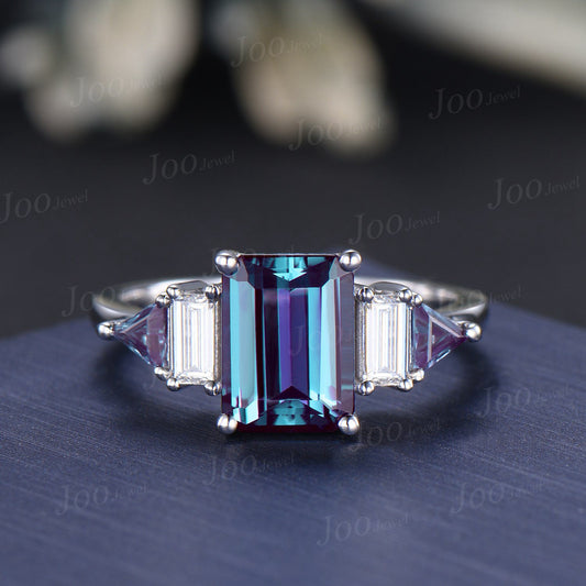 2CT Emerald Cut Color-Change Alexandrite Engagement Ring June Birthstone Wedding Ring Art Deco Baguette Moissanite Unique Wedding Gifts