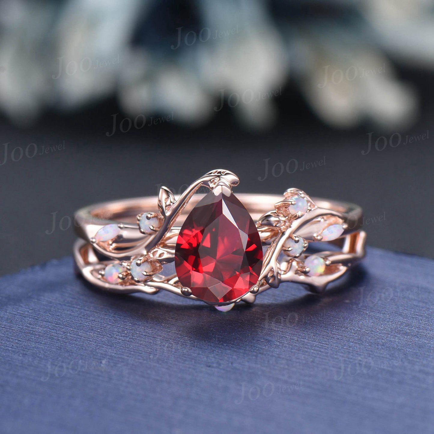 Cluster Ruby Wedding Ring 1.25ct Teardrop Cut Red Ruby Opal Engagement Ring Set Unique Leaf Vine Promise Ring for Women July Birthstone Gift