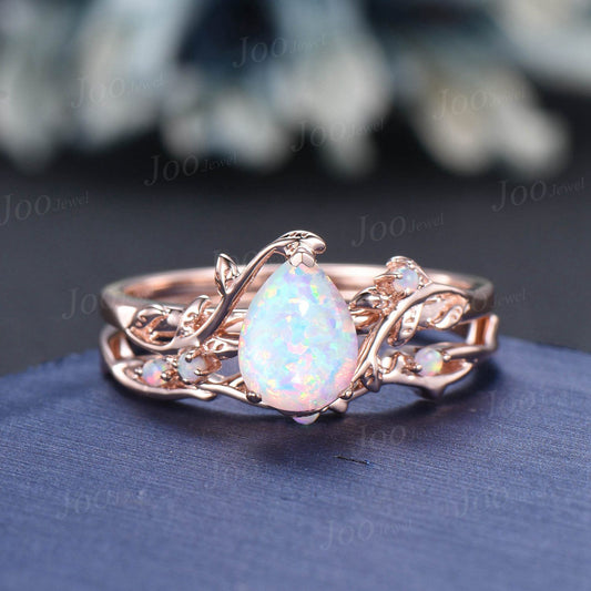 Nature Inspired Branch White Opal Ring Set 10K White Gold Twig Vine Pear Opal Engagement Ring October Birthstone Wedding Ring Birthday Gifts