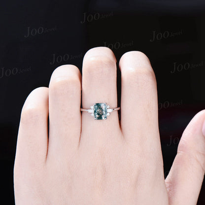 2ct Emerald Cut Natural Green Moss Agate Engagement Rings Platinum Ring Cluster Aquatic Agate Promise Ring Baguette Moissanite Wedding Ring
