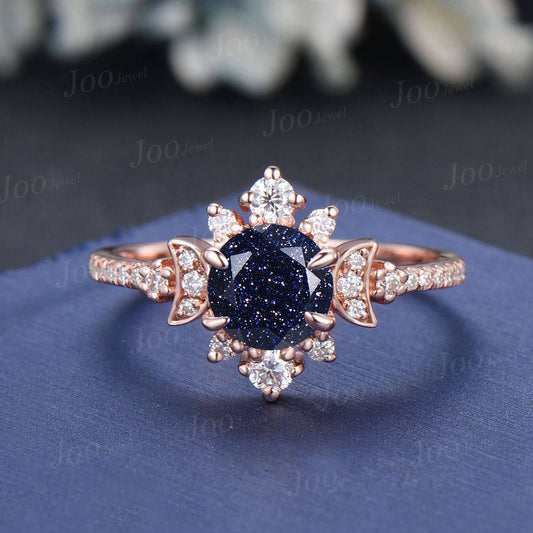 Moon Engagement Ring 10K Rose Gold Starry Sky Galaxy Blue Sandstone Ring Vintage Cluster Moissanite Ring Blue Wedding Ring Celestial Jewelry