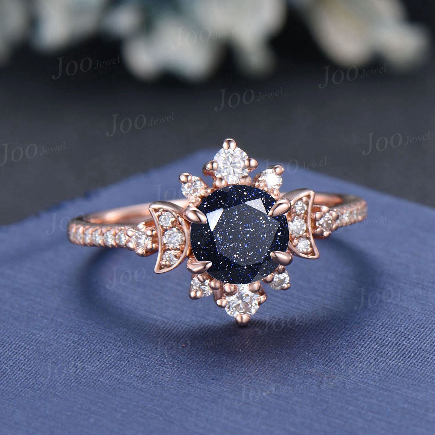 Moon Engagement Ring 10K Rose Gold Starry Sky Galaxy Blue Sandstone Ring Vintage Cluster Moissanite Ring Blue Wedding Ring Celestial Jewelry