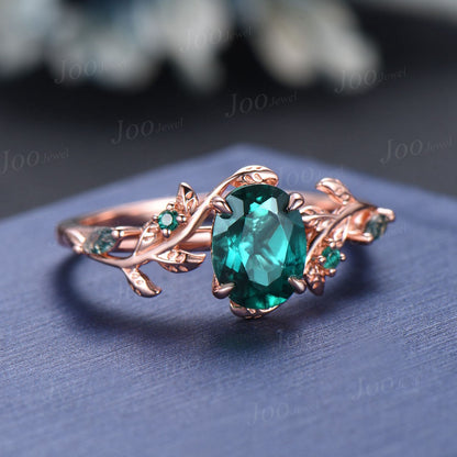 Nature Inspired Oval Green Emerald Engagement Ring Set 1.5ct Twig Branch Vine Emerald Moss Agate Wedding Ring May Birthstone Birthday Gifts