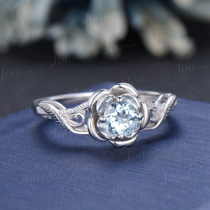 Round Natural Aquamarine Rose Engagement Ring Art Deco 14K White Gold Peacock Feather Wedding Ring Vintage Crossover Promise Solitaire Ring