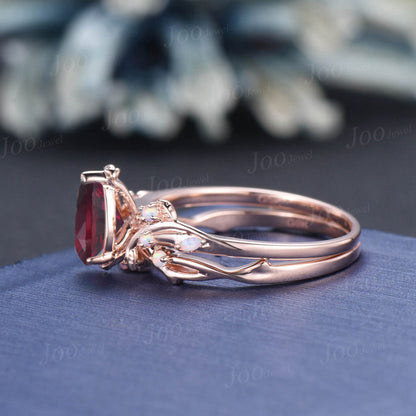 Cluster Ruby Wedding Ring 1.25ct Teardrop Cut Red Ruby Opal Engagement Ring Set Unique Leaf Vine Promise Ring for Women July Birthstone Gift