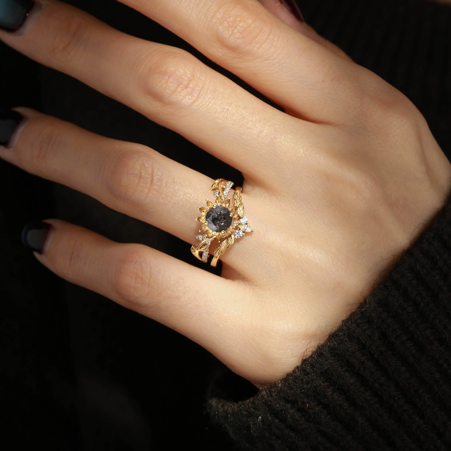 Sunflower Wedding Ring Solid 10K Gold Natural Citrine Black Rutilated Quartz Leaf Engagement Rings for Women