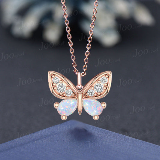 18K Rose Gold Dainty Butterfly Pendant Sterling Silver Pear Opal Necklace October Birthstone Birthday/Graduation/Anniversary Gift for Women