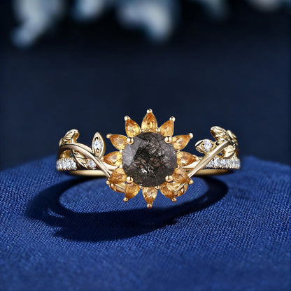 Sunflower Wedding Ring Solid 10K Gold Natural Citrine Black Rutilated Quartz Leaf Engagement Rings for Women