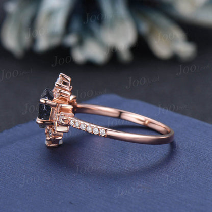 Moon Engagement Ring 10K Rose Gold Starry Sky Galaxy Blue Sandstone Ring Vintage Cluster Moissanite Ring Blue Wedding Ring Celestial Jewelry