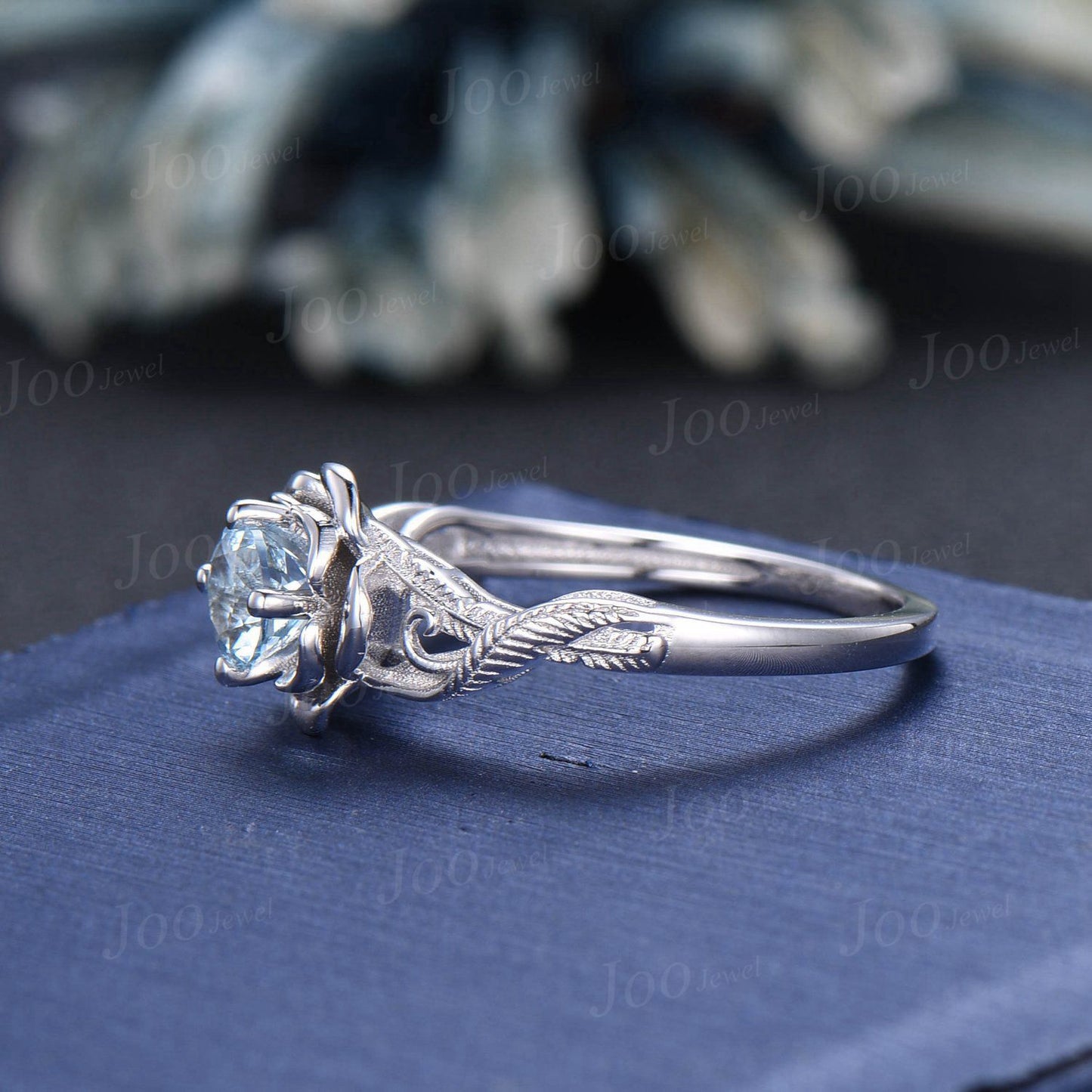 Round Natural Aquamarine Rose Engagement Ring Art Deco 14K White Gold Peacock Feather Wedding Ring Vintage Crossover Promise Solitaire Ring