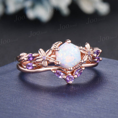 1ct Nature Inspired Hexagon Opal Engagement Ring Set Rose Flower Amethyst Wedding Ring Floral Leaf Opal Ring October Birthstone Jewelry Gift