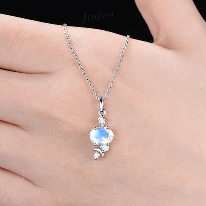 Unique Natural Oval Moonstone Bridal Pendant Silver/14K Real Rose Gold Personalized June Birthstone Wedding Necklace Moon Star Drop Necklace