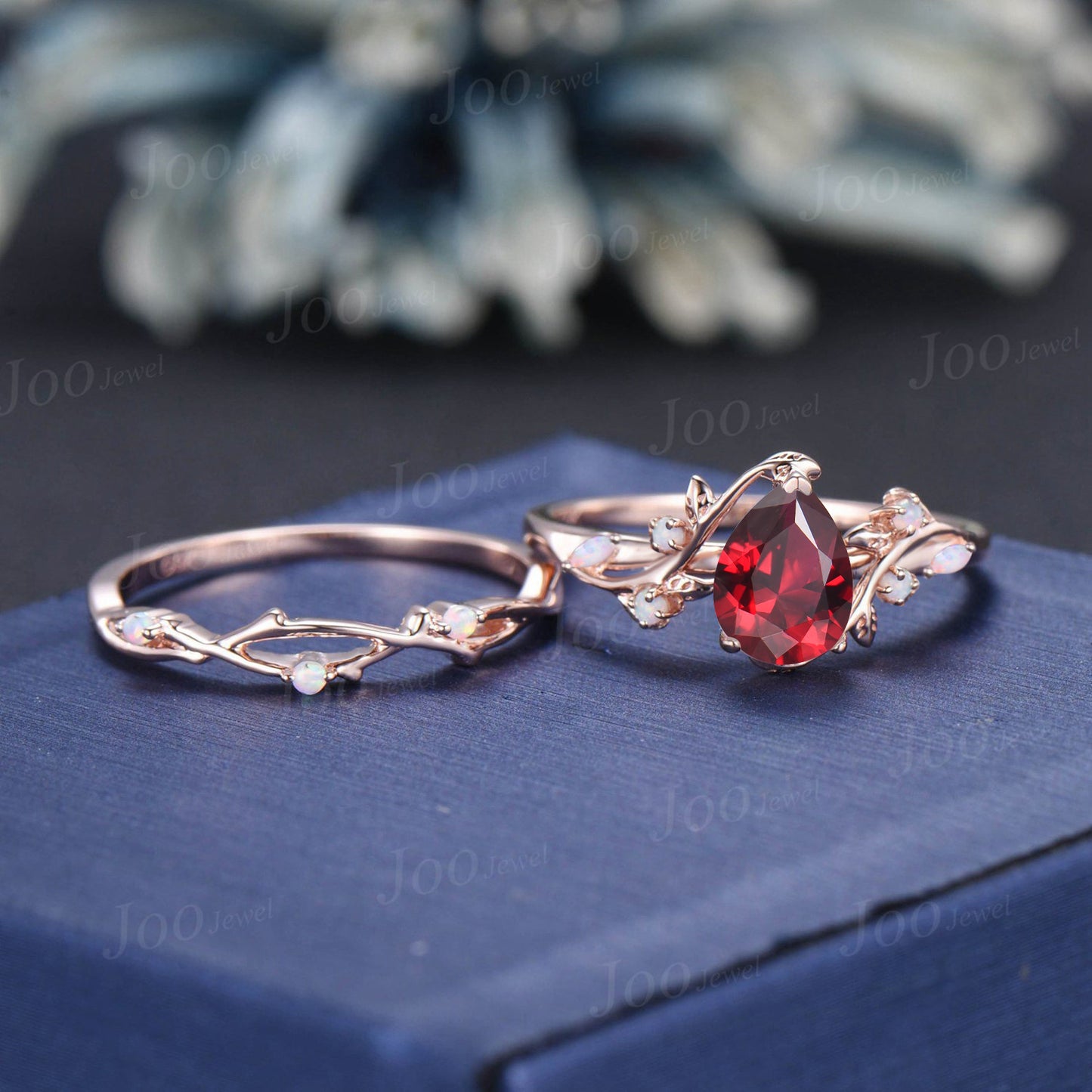 Cluster Ruby Wedding Ring 1.25ct Teardrop Cut Red Ruby Opal Engagement Ring Set Unique Leaf Vine Promise Ring for Women July Birthstone Gift