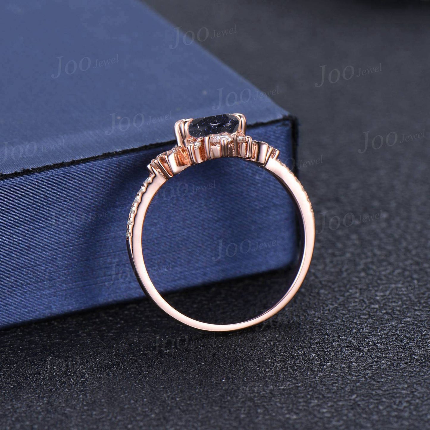 Moon Engagement Ring 10K Rose Gold Starry Sky Galaxy Blue Sandstone Ring Vintage Cluster Moissanite Ring Blue Wedding Ring Celestial Jewelry