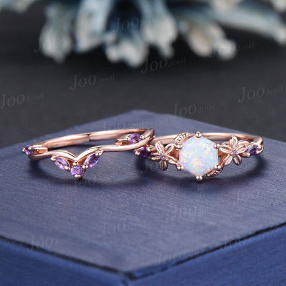 1ct Nature Inspired Hexagon Opal Engagement Ring Set Rose Flower Amethyst Wedding Ring Floral Leaf Opal Ring October Birthstone Jewelry Gift