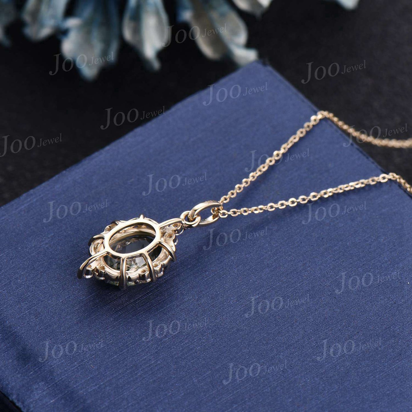 Nature Inspired Galaxy Blue Sandstone Halo Moissanite Pendant Solid 14K Gold Oval Blue Goldstone Twig Vine Necklace Valentine's Day Gifts