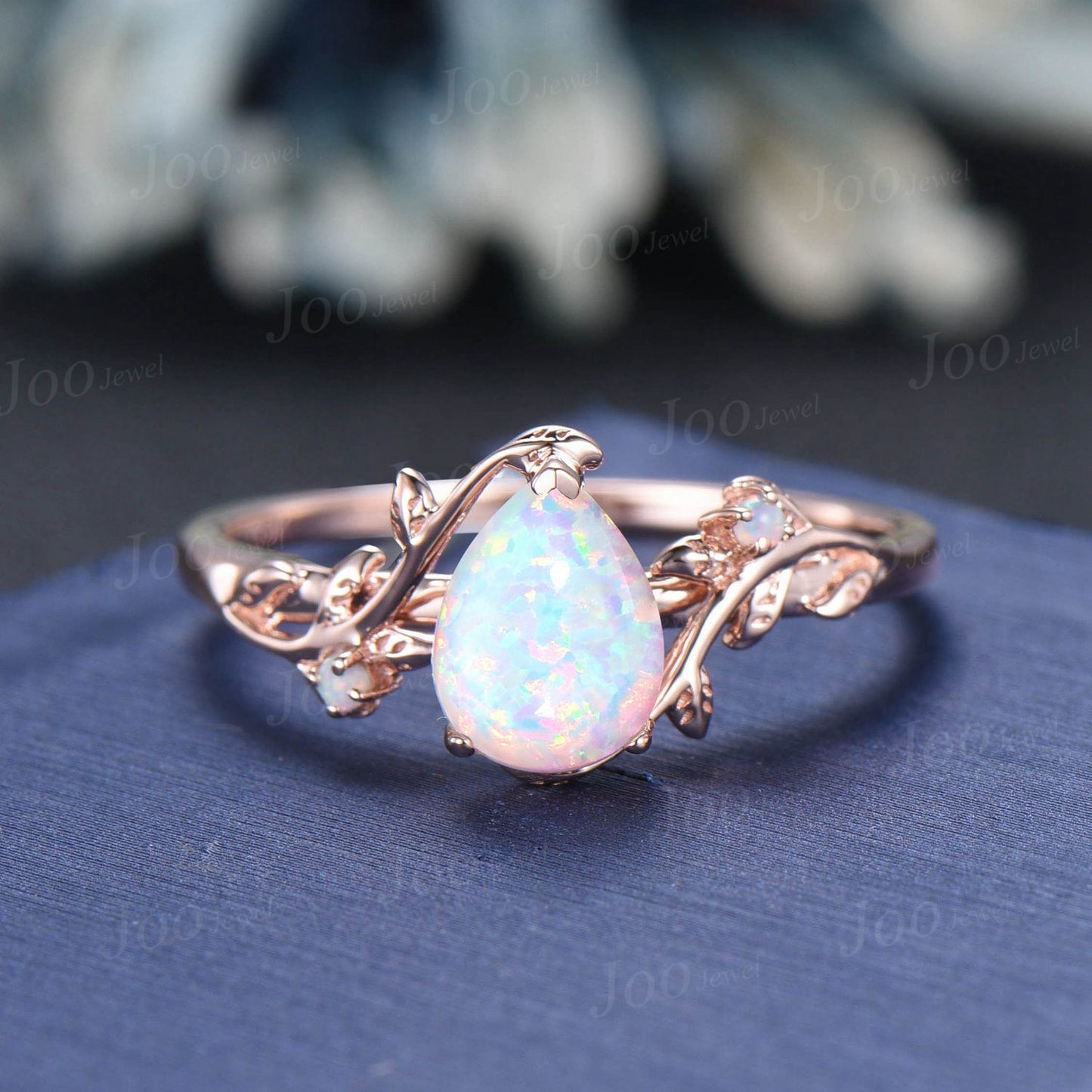Nature Inspired Branch White Opal Ring Set 10K White Gold Twig Vine Pear Opal Engagement Ring October Birthstone Wedding Ring Birthday Gifts