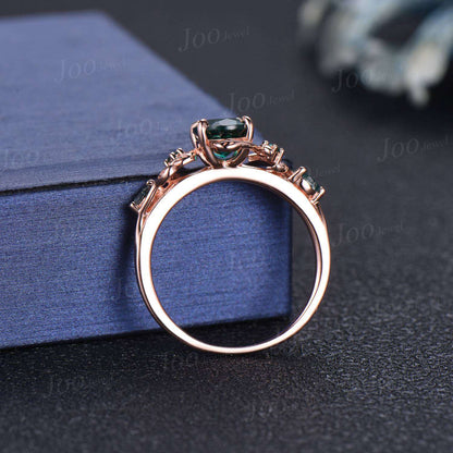 Nature Inspired Oval Green Emerald Engagement Ring Set 1.5ct Twig Branch Vine Emerald Moss Agate Wedding Ring May Birthstone Birthday Gifts