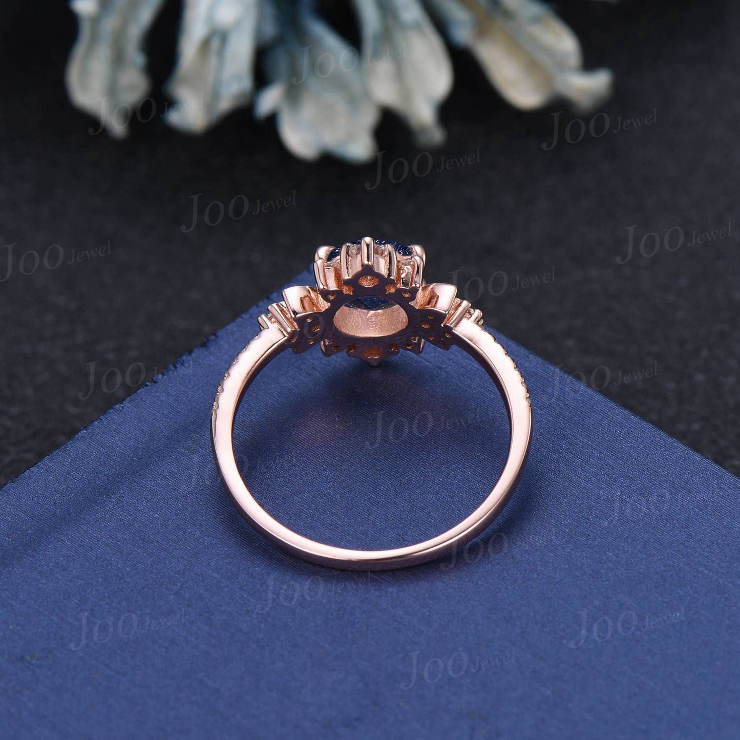 Moon Engagement Ring 10K Rose Gold Starry Sky Galaxy Blue Sandstone Ring Vintage Cluster Moissanite Ring Blue Wedding Ring Celestial Jewelry