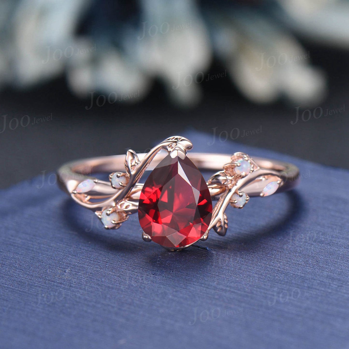 Cluster Ruby Wedding Ring 1.25ct Teardrop Cut Red Ruby Opal Engagement Ring Set Unique Leaf Vine Promise Ring for Women July Birthstone Gift