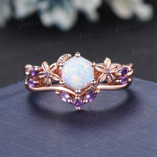 1ct Nature Inspired Hexagon Opal Engagement Ring Set Rose Flower Amethyst Wedding Ring Floral Leaf Opal Ring October Birthstone Jewelry Gift